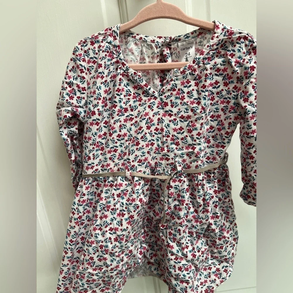 Carter’s 24M White Flowy Blouse with Red and Green Floral Pattern- Small Belt